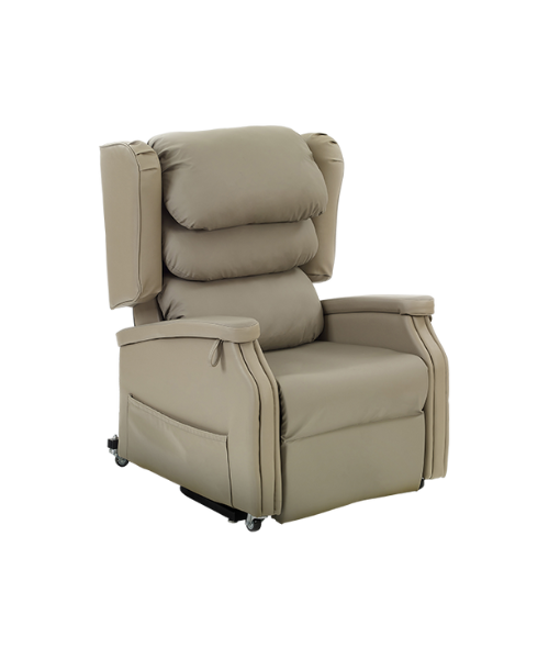 Configura Twin Motor Recliner Lift Chair in beige vinyl, shown in upright position