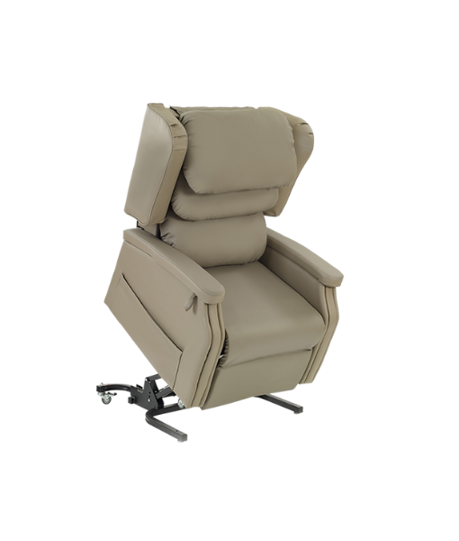 Beige vinyl lift chair shown in tilt-in-space position for pressure relief