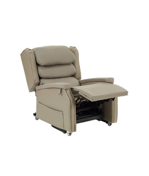 Lift recliner chair fully reclined with leg rest extended and backrest lowered