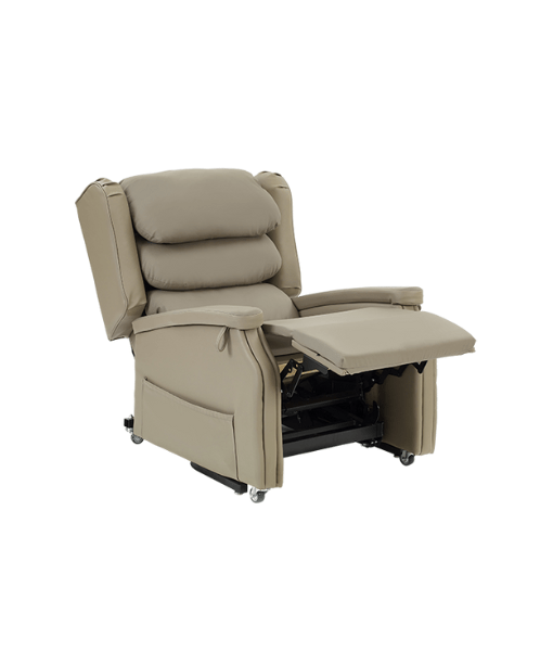 Lift recliner chair fully reclined with leg rest extended and backrest lowered