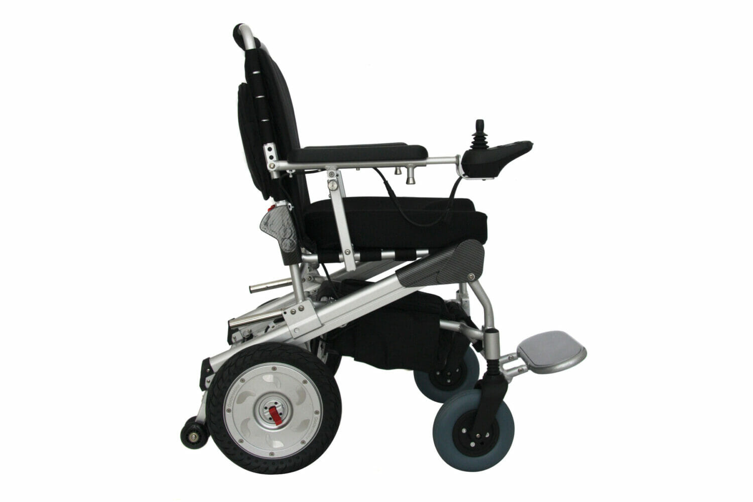 Travel-ready electric wheelchair with reclining backrest