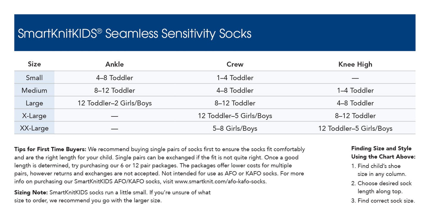 SmartKnit seamless socks size chart