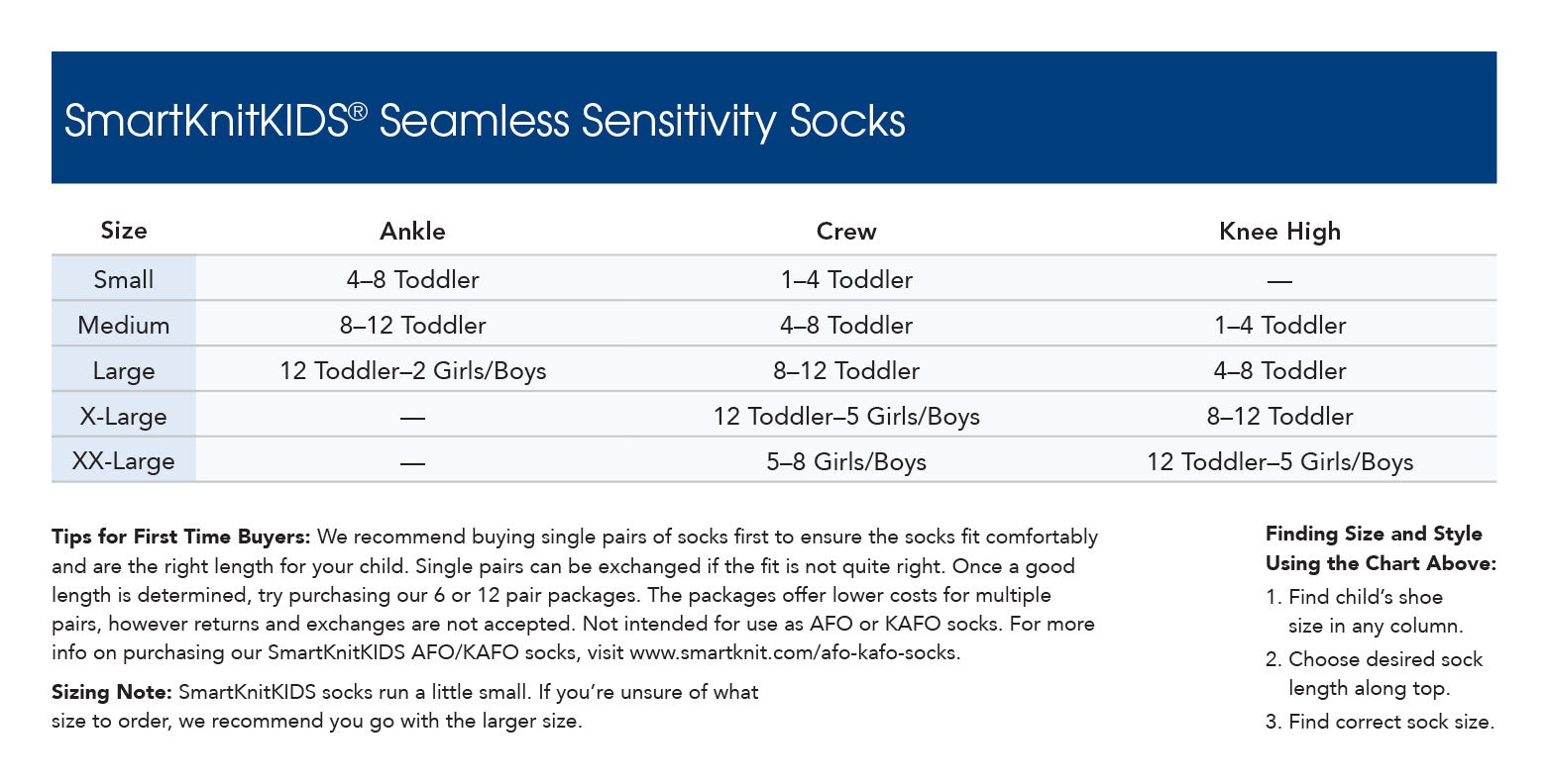 SmartKnit seamless socks size chart